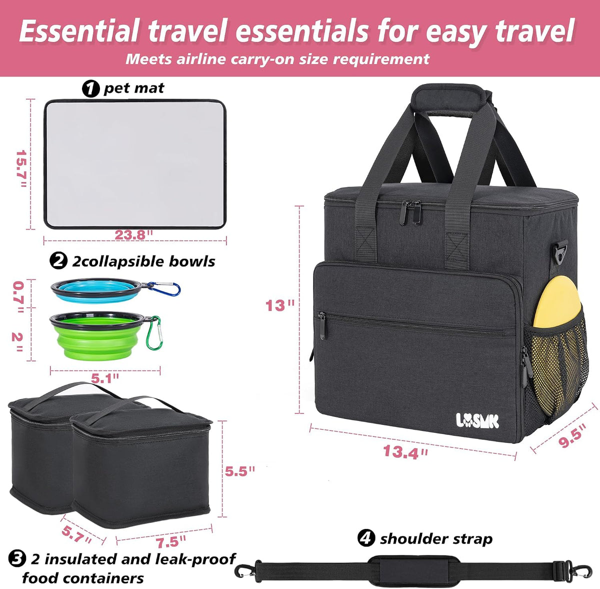 Dog Travel Bag, Large Pet Travel Set with Multi-Function Pockets, 2 Food Storage Containers, 2 Collapsible Bowls, 1 Feeding Mat for Pet Supplies, Road Trip Essentials, Weekend Camping (Black)