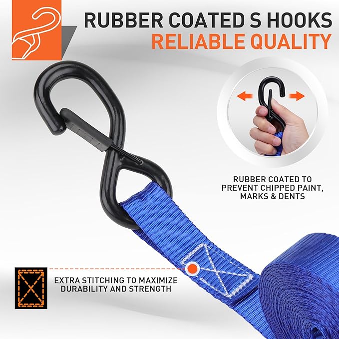 Ratchet Straps Heavy Duty, Tie Down Straps Ratchet Set, 2200 LB Break Strength, Safety Lock S Hooks, Best for Moving, Securing Cargo, Kayaks, Mountain (4 Pack)