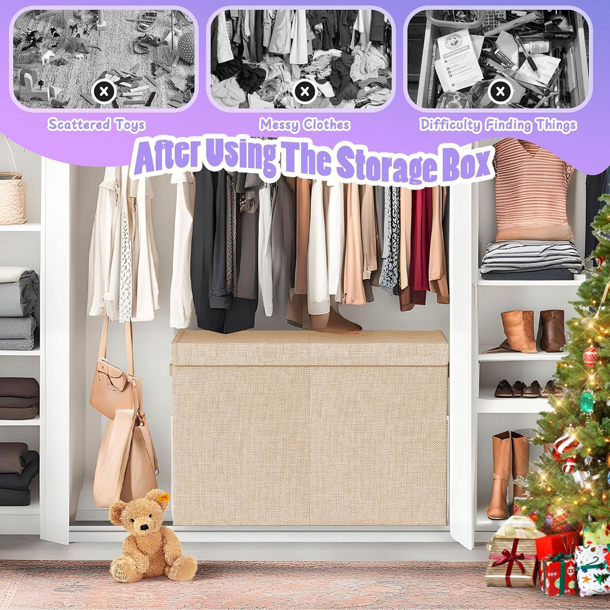 Large Toy Storage Box with Lid Divider, Sturdy Collapsible Toys Organizer Chest Kids Storage Bins Boxes Baskets for Boys, Girls, Nursery, Bedroom, Living Room, Playroom, 25"x13"x16", Beige