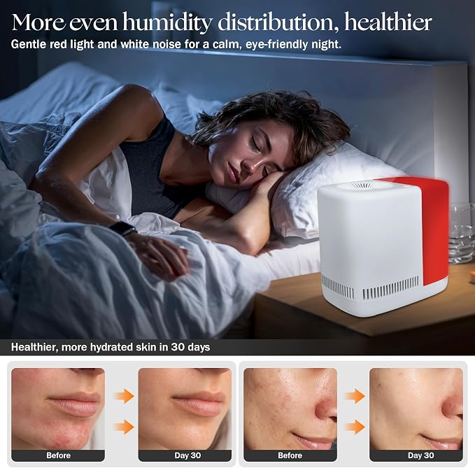 Evaporative Humidifier for Bedroom (No Mist) – Dishwasher Safe, No White Dust, Smart Remote with Sensor, Red Sleep Light, White Noise, Nursery Humidifier with 2.5L Tank, 2 Filters & Aroma Kit