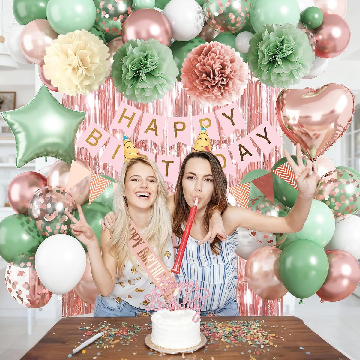 Regine Switzerland Birthday Decorations - Retro Rose Gold & Sage Green Party Décor Set | Balloons, Banners & More