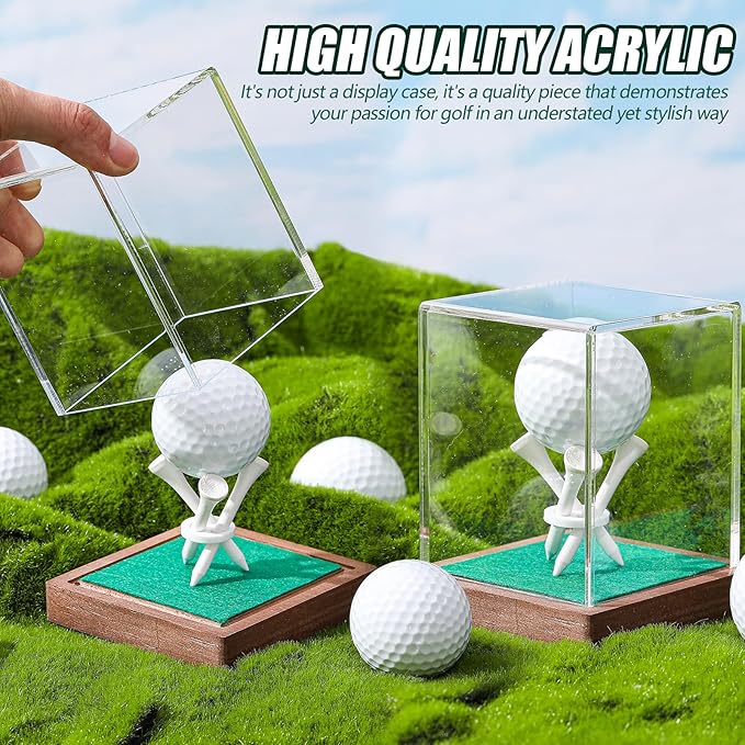Wenqik Golf Ball Display Case with Wood Base and Tee Acrylic Golf Ball Holder Stand Dust Protection Display Cube Box for Baseball Memorabilia Display Case Gift