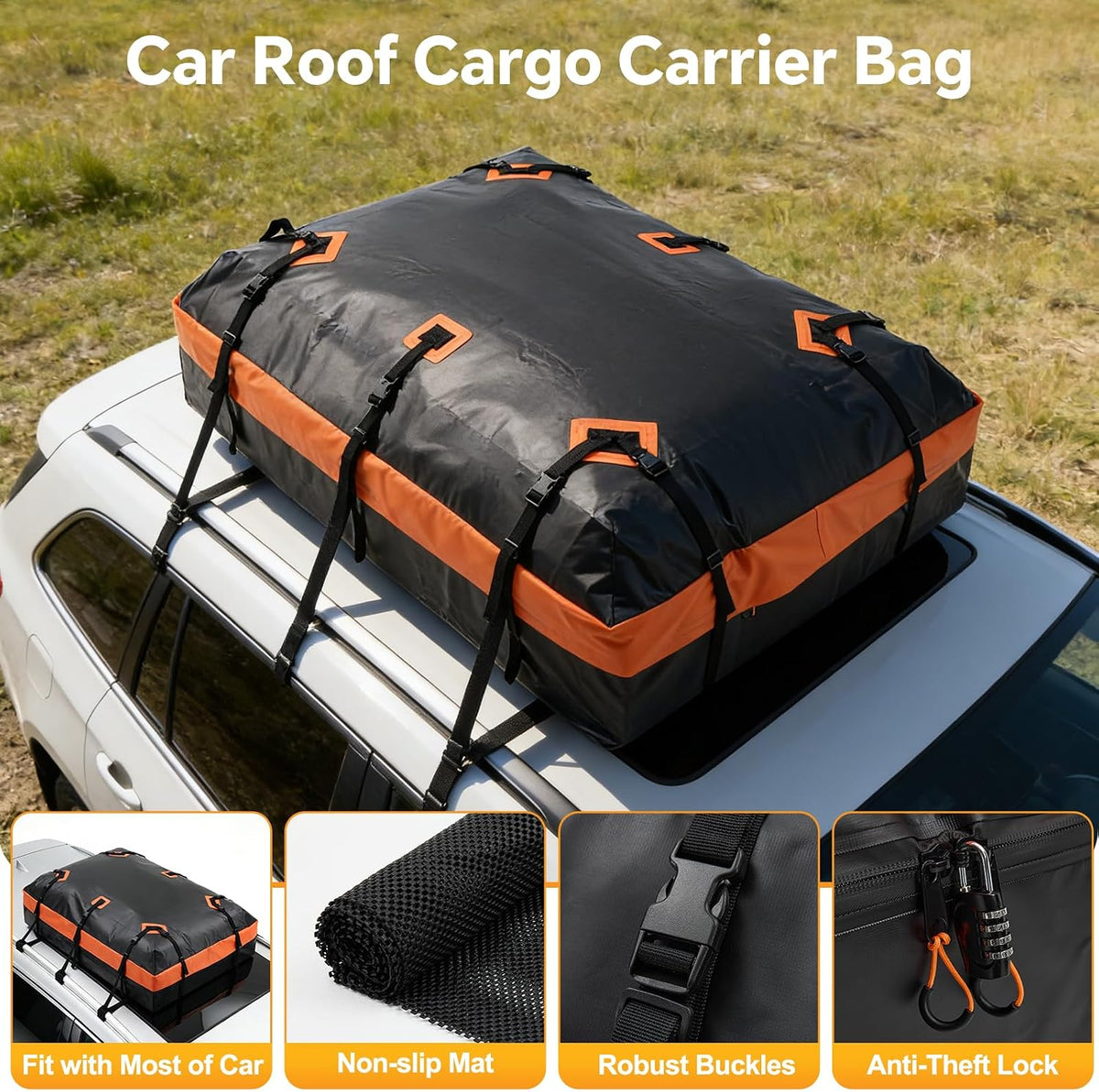 NEWBULIG Car Rooftop Cargo Carrier Bag, 20 Cubic Feet Heavy Duty Waterproof | for SUV, Van, All Vehicles with/without Rack. Includes Anti-Slip Mat, Reinforced Straps, 6 Door Hooks, Storage & Luggage Lock