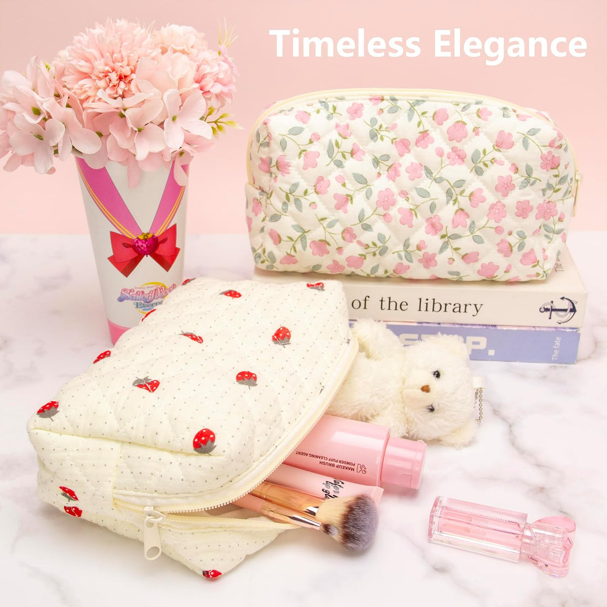 Small Quilted Makeup Bag,Zipper Cosmetic Pouch,Gauze Strawberry,6 Pack