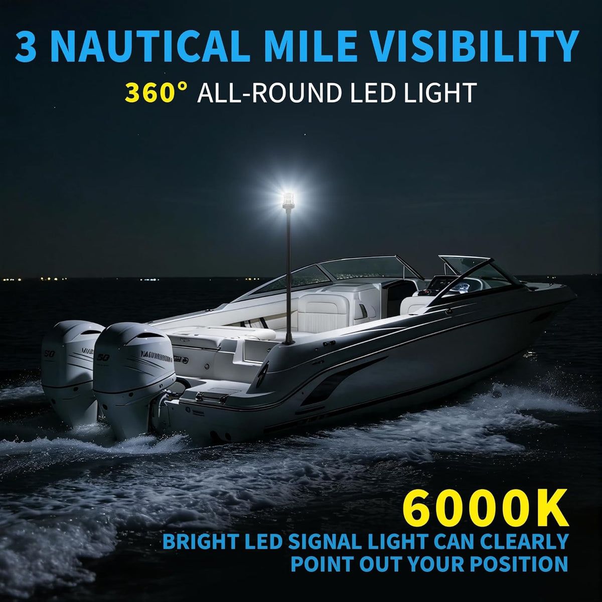 Obcursco LED Boat Stern Lights - Telescoping 27"-48" Navigation Light with 3NM Visibility | Black Base