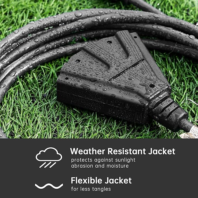 3-Outlets Indoor Outdoor Extension Cord Weatherproof, UL Certified, 16 Gauge 20FT Black 3 Prong Heavy Duty, 16/3 SJTW 13A Power Cord