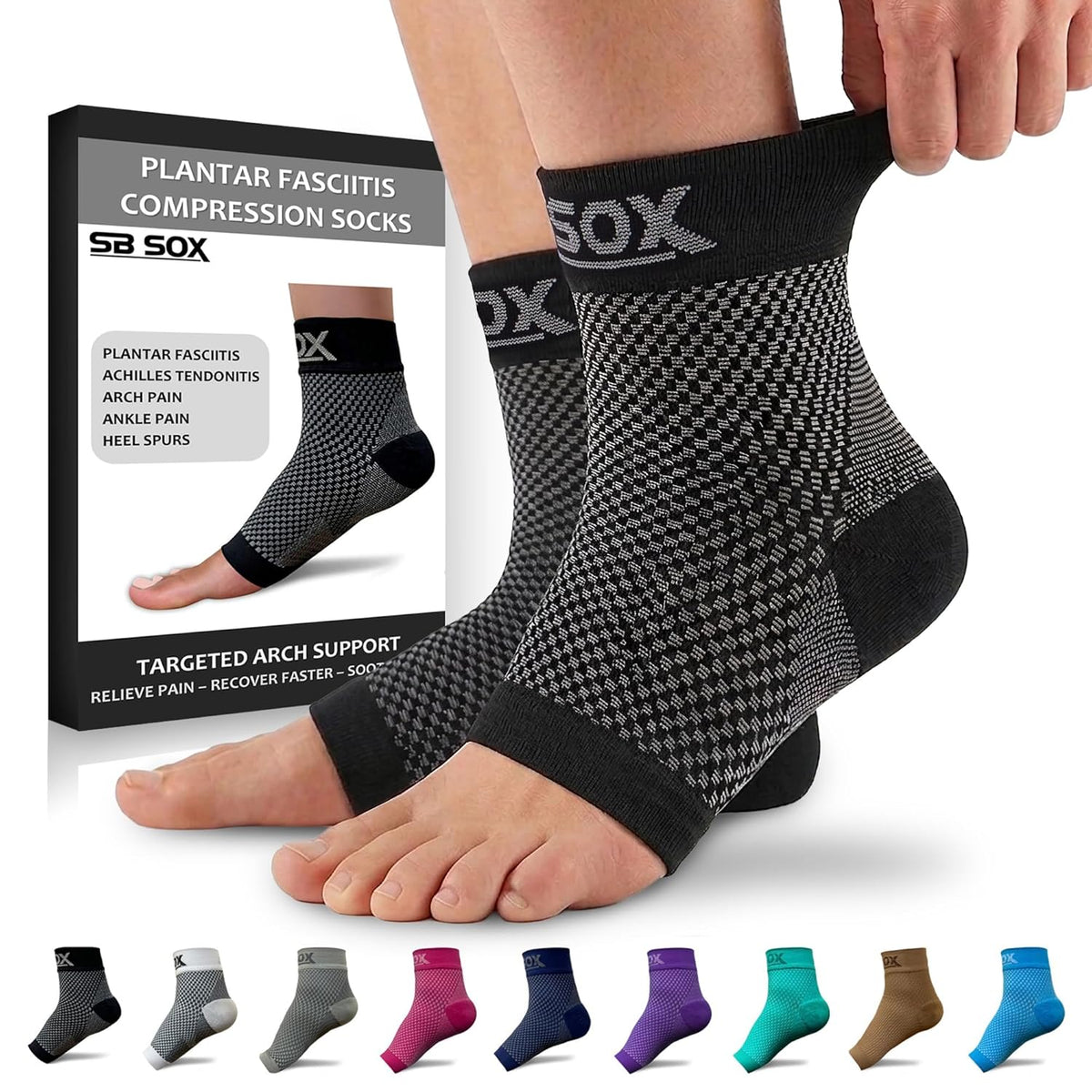 SB SOX Compression Socks for Plantar Fasciitis - Arch Support & Heel Pain Relief | Toeless Design, Small, Black