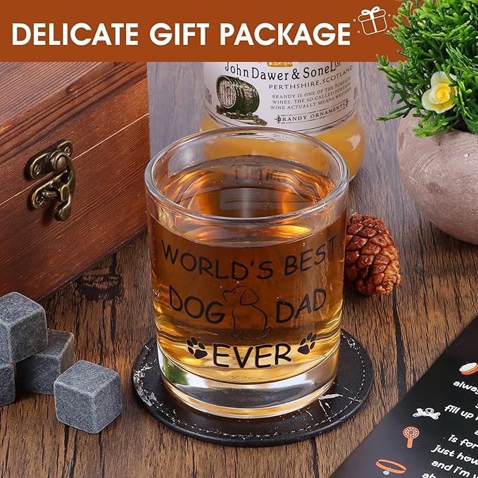 Dog Dad Gifts, Best Gift for Dad, Gift with 12oz Whiskey Glasses, Stones, Coaster, Wooden Box for Dogfather