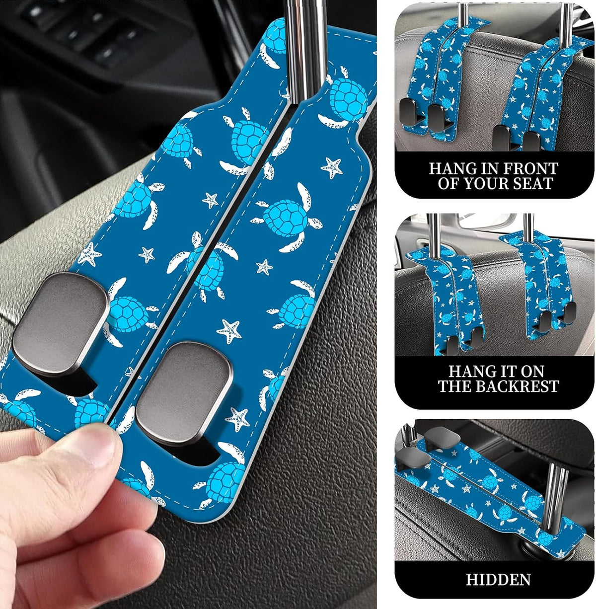 PU Leather Car Seat Hook, Storage Headrest Hanger, Cute Car Backseat Organizer, Car Hooks For Purses and Bags Cute Blue Sea Turtle
