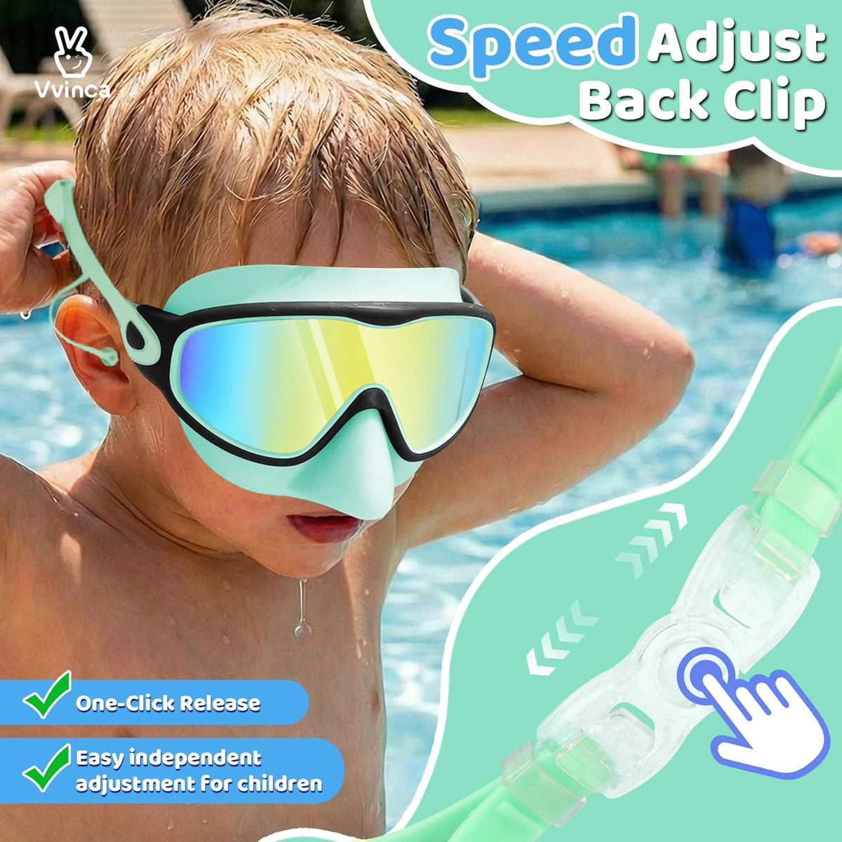 Vvinca Kids Swim Goggles - Anti-Fog Wide View with Nose Cover & Earplugs | For Ages 3-12