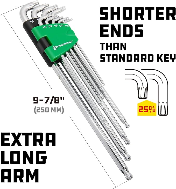 Powerbuilt 9 Piece Star Stubby Long Arm Ball End Hex Key Wrench Set, Allen Hex Key Wrench, Extra Long Arm, Ball End, size T10 to T50-240101