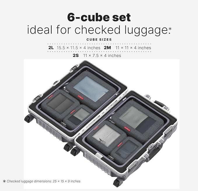 LeanTravel Compression Packing Cubes for Travel Organizers with Double Zipper (6-Pack (2L+2M+2S), Black)