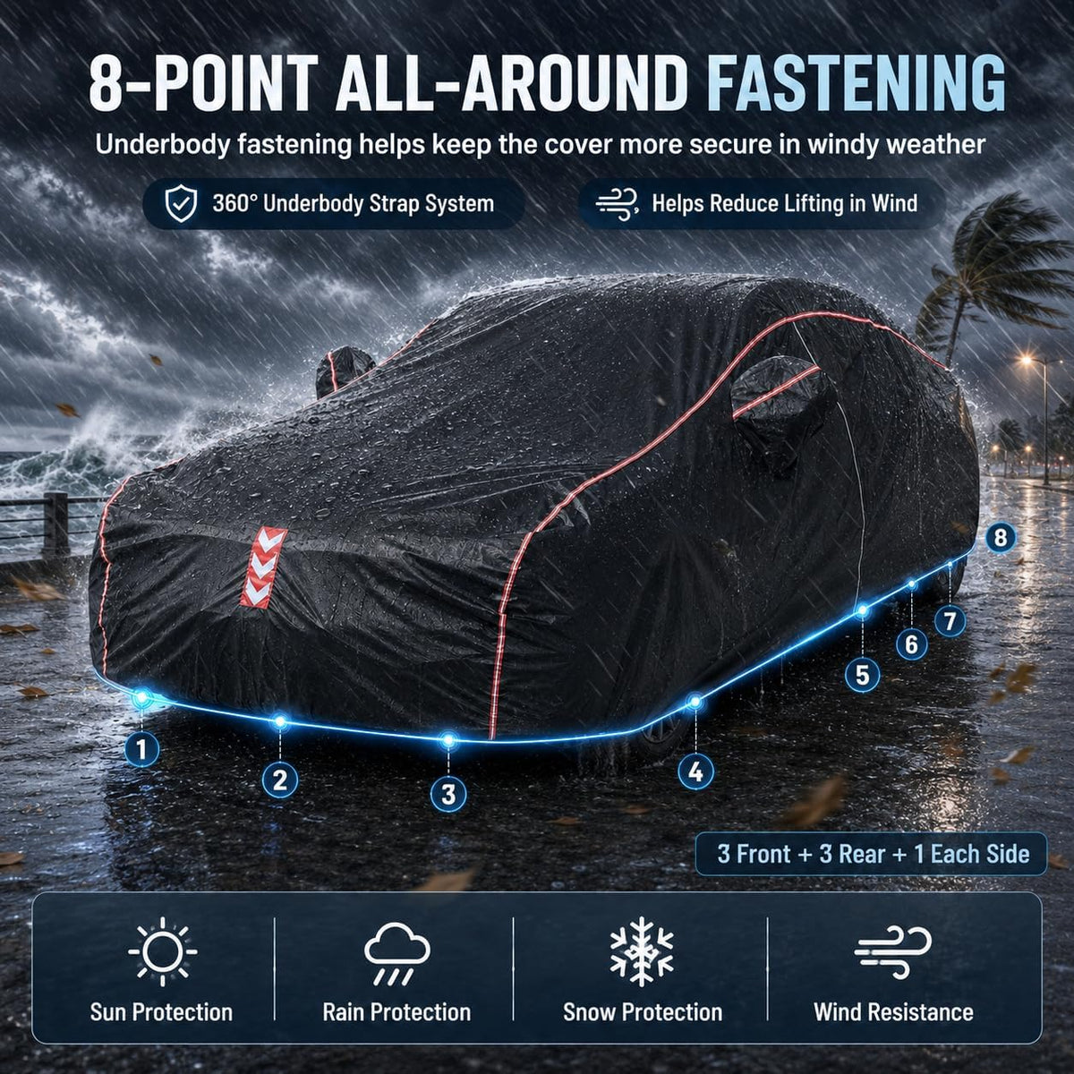 Car Cover Waterproof All Weather, 8-Point Fastening for Sedans 186-193 in | 8-Point Fastening, 120s Quick Setup, 600D Oxford Fabric, All-Weather Protection