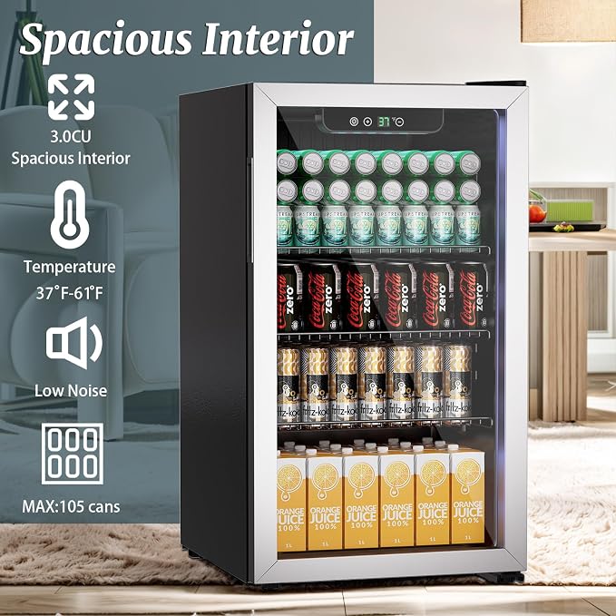 Erivess Mini Fridge 105Can Beverage Refrigerator Cooler Glass Door for Soda | 3.0 Cu Ft Drink Fridge for Home/Bar/Office with LED Display, Digital Temperature Control, Removable Shelves for Wine, Silver