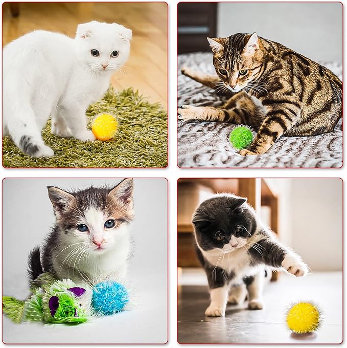 VAPKER 30 Pcs Cat Ball Toys Sparkle Balls Extra Large 2 Inch Cat's Favorite Chase Glitter Ball Glitter Tinsel Pom Poms Balls Red Color
