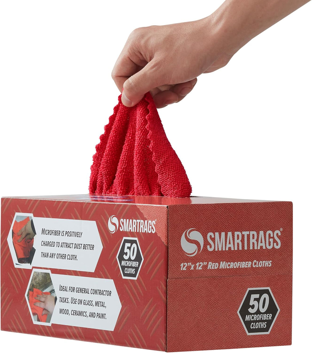 Arkwright Smart Rags Microfiber Cleaning Cloths, Pack of 50 in a Box, Lint Free 180 GSM Reusable Towels for Auto, Office and Household Cleaning, 12 x 12 in, Red