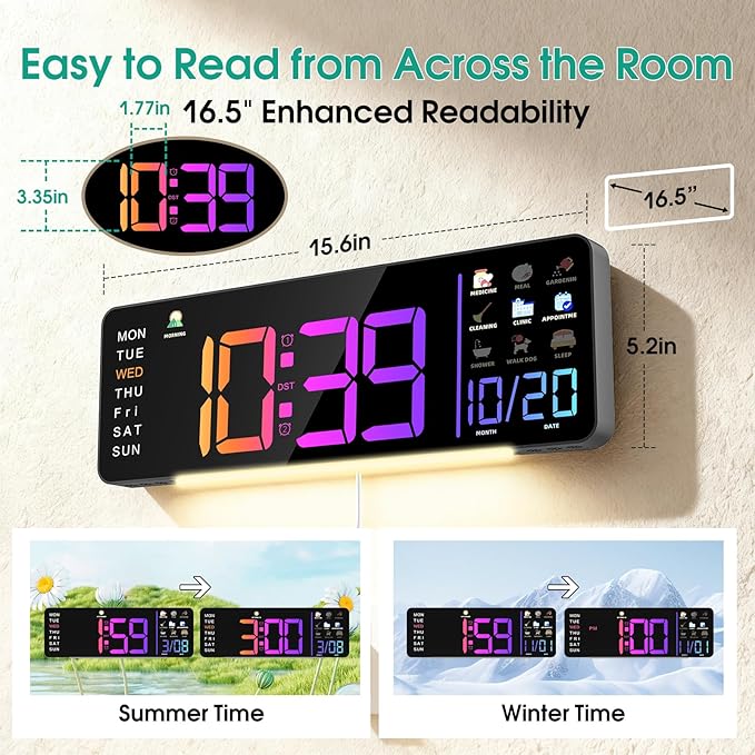 Hoifen Clock with Day and Date for Seniors, Remote Control, Night Light