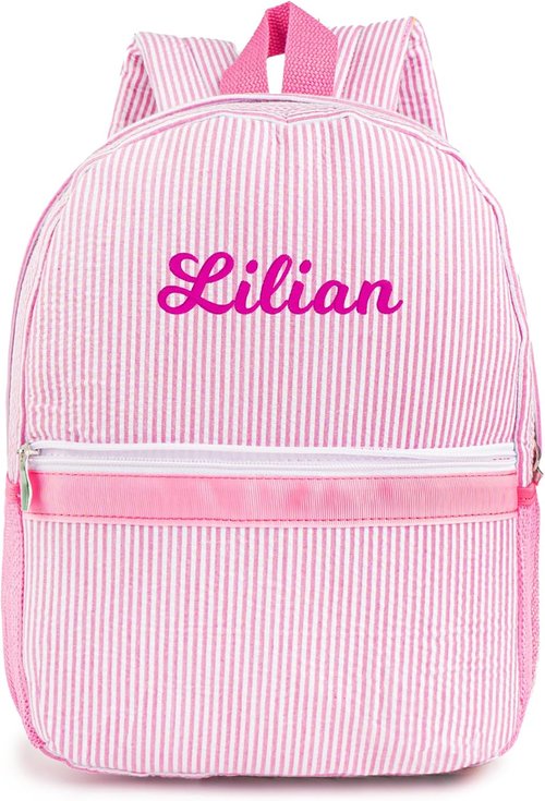 MT WORLD Personalized Toddler Backpack - Embroidered Name Seersucker Design for Girls 2-4 (Pink)