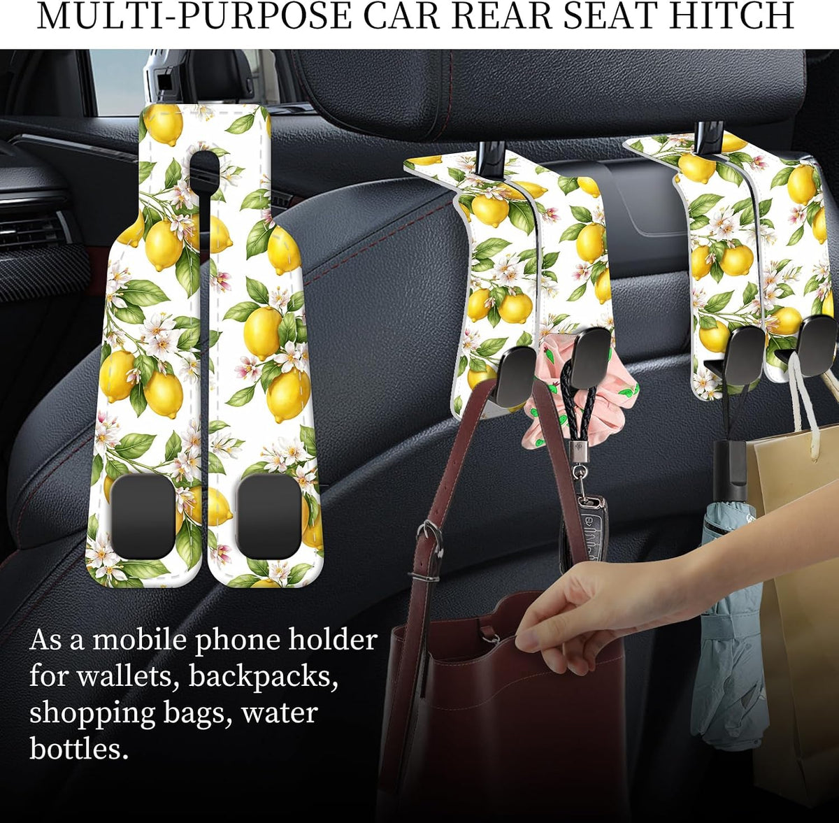 PU Leather Car Seat Hook, Storage Headrest Hanger, Cute Car Backseat Organizer, Car Hooks For Purses and Bags, Lemon Branch