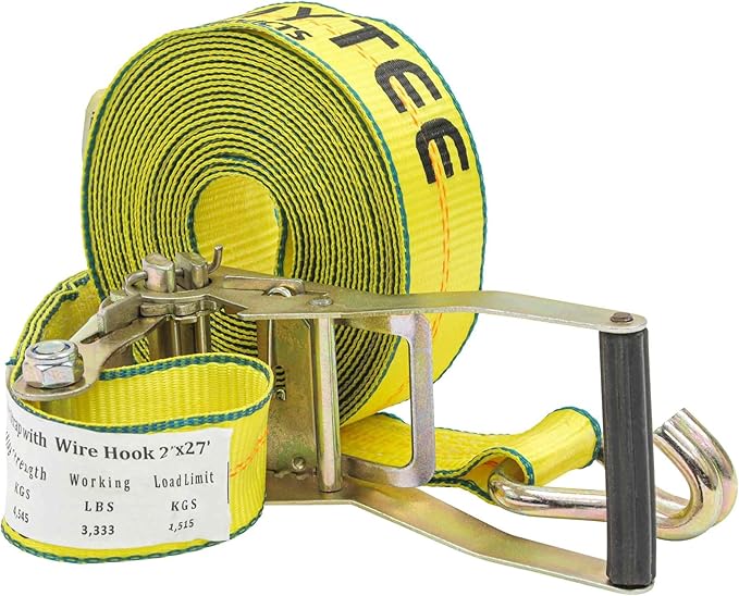Mytee Products 2 Pack 2" x 27' Ratchet Straps with Wire Hooks 10,000 lbs Breaking Strength - Heavy Duty Cargo Tie Down Straps for Truck, Trailers, Moving Appliances, Motorcycles & Flatbed Loads