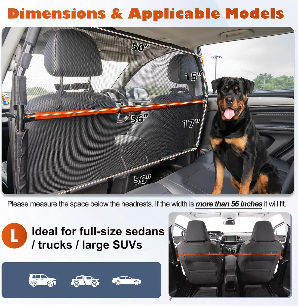 Dog Car Barrier for Back Seat & Trunk - 56" Wide for Large SUVs and Cars