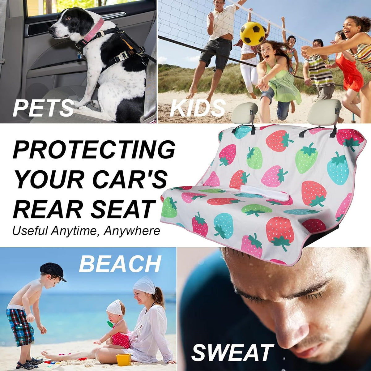 Sweat Towel Car Seat Cover Protector Front Seats for Gym Workout, Running, Swimming, Beach and Hiking, Waterproof Universal Seat Cover for Car, Trucks, Van & SUV (1, Strawberry, Rear Seat)