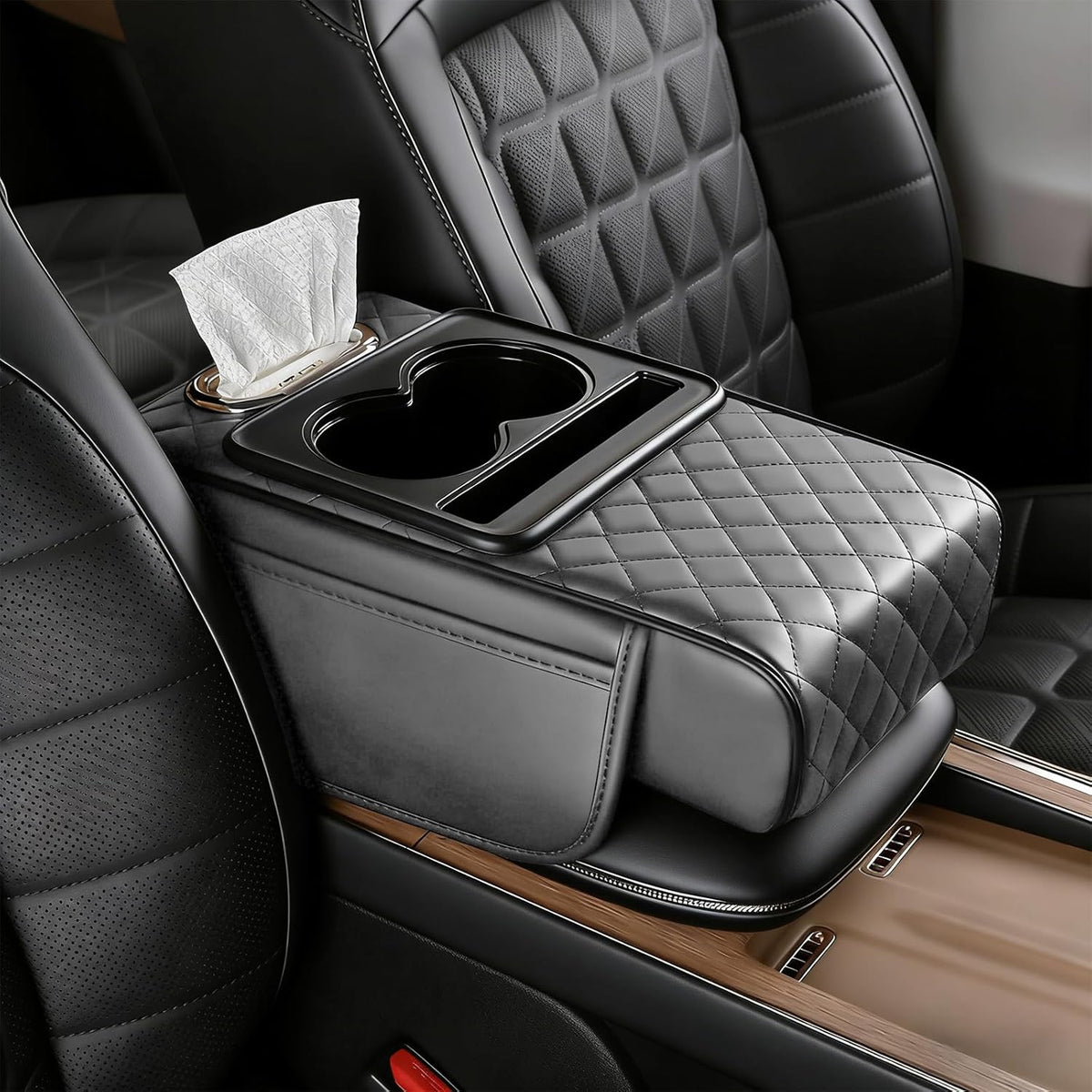 Leather Car Armrest Cover, 5-in-1 Console Cushion with Storage & Cup Holder