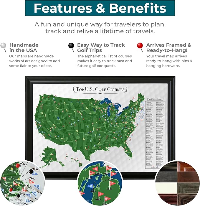Push Pin Travel Maps Customizable Wall Art - Top Golf Courses USA Map - Rustic Brown - Personalized Framed Pin Map, Includes 150 Pins - Handcrafted in USA - 27.5" x 39.5"