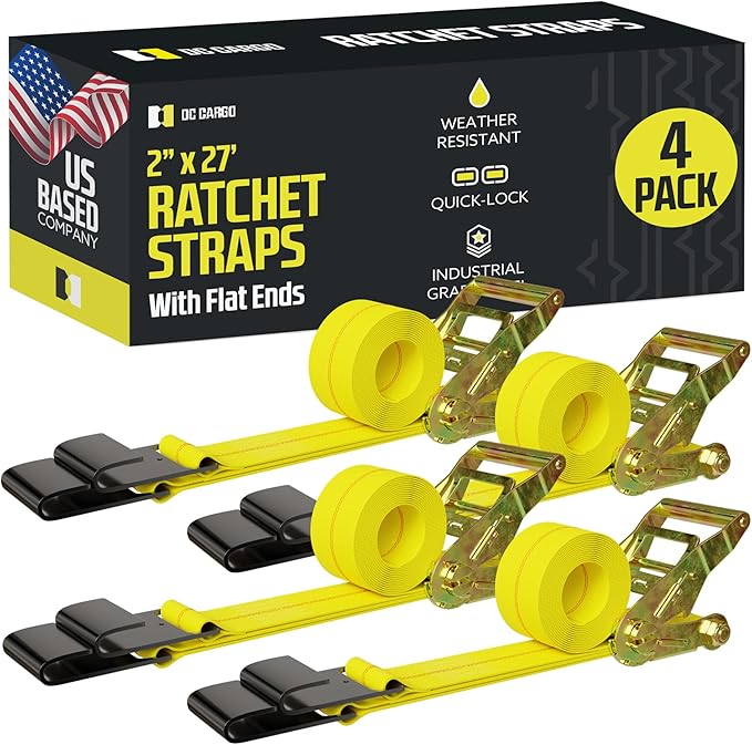 DC Cargo Tie-Down Ratchet Straps Heavy-Duty Flats Hook Trailer Strap, (Pack of 4) Heavy Duty 2" x 27' Tie-Down Ratcheting Cargo Truck Straps 2 Inch Ratchet Straps - Safely Secure Your Cargo
