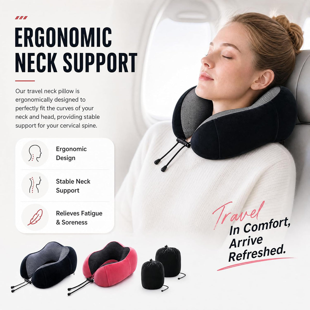 Travel Neck Pillow, Soft Memory Foam Neck Support Pillow for Airplane Car Train Office, Ergonomic Cervical Pillow with Washable Cover, Portable Travel Pillow for Neck Pain Relief Red