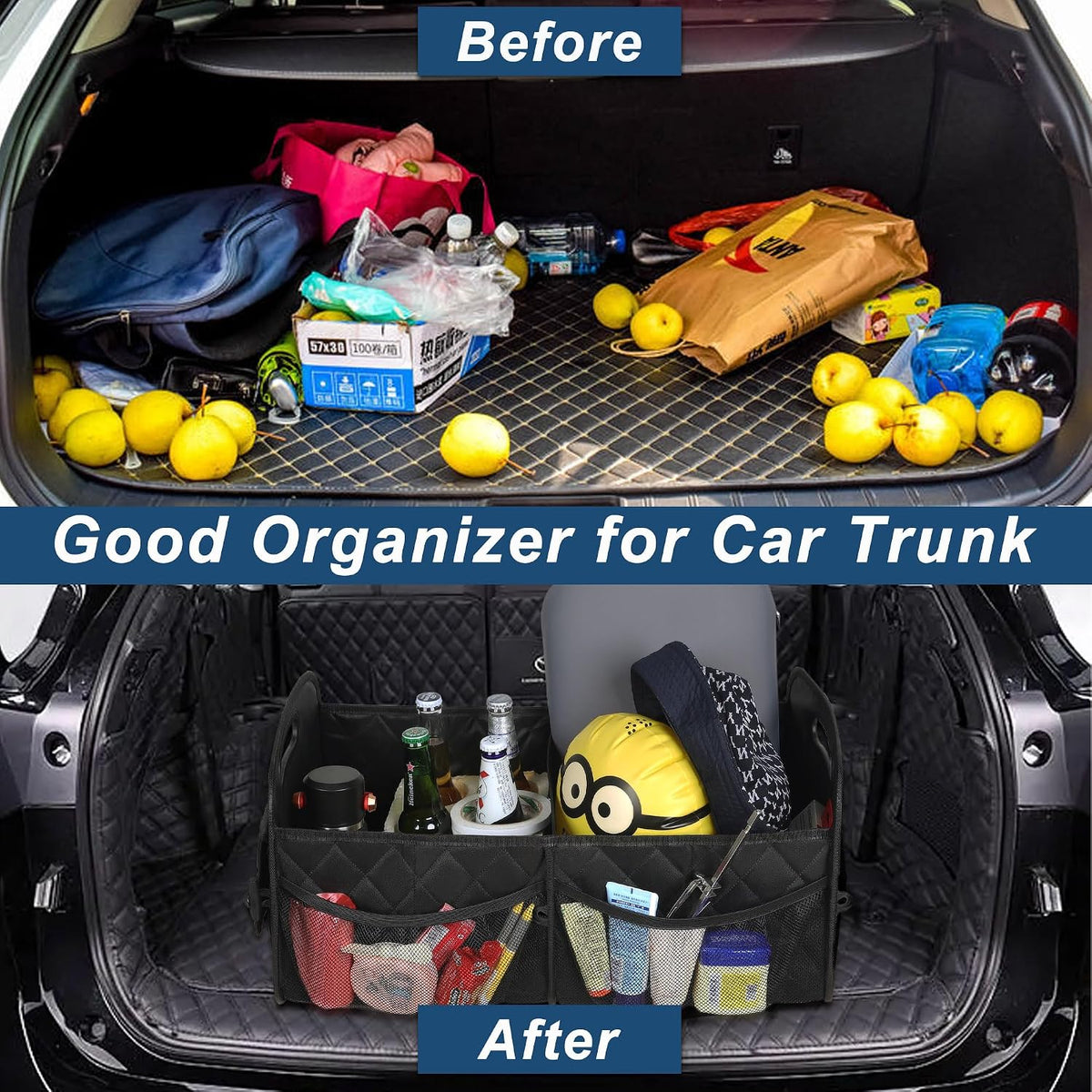 Deosk Car Trunk Organizer and Storage with Reinforced Handles, Waterproof Polyester Trunk Organizer for SUV, Minivan, Truck (Large, Black)