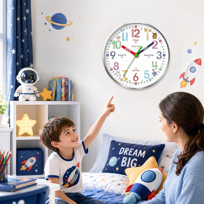 Roymnie Wall Clock Learning to Tell Time Easily Non Ticking Battery Operated