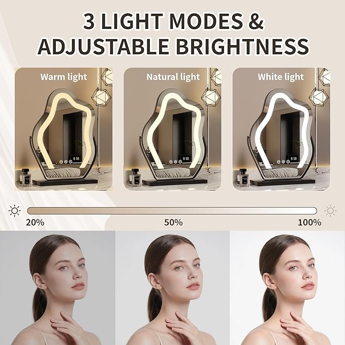 Makeup Mirror with Lights - 17″ Cloud Shaped Smart Touch 3-Color Dimmable 360° Rotation Memory Metal Frame Plug-in AC Power Tabletop Vanity Mirror Gift for Women Teen Girls Black