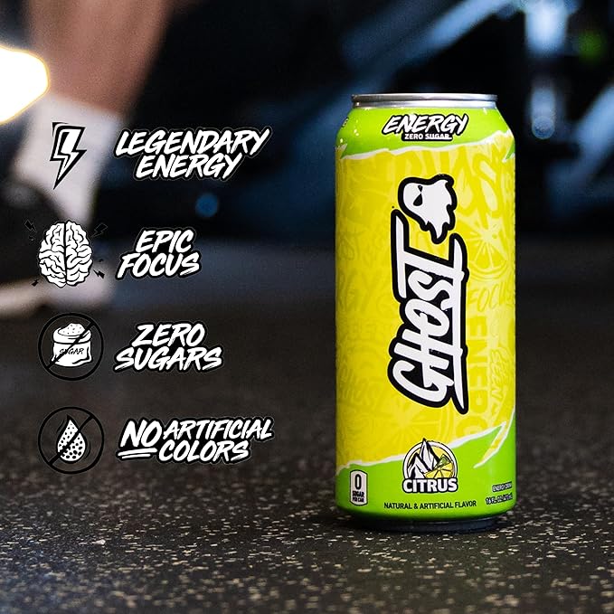 GHOST Energy Drink - 12-Pack, Citrus, 16oz Cans - Energy & Focus & No Artificial Colors - 200mg of Natural Caffeine, L-Carnitine & Taurine - Gluten-Free & Vegan