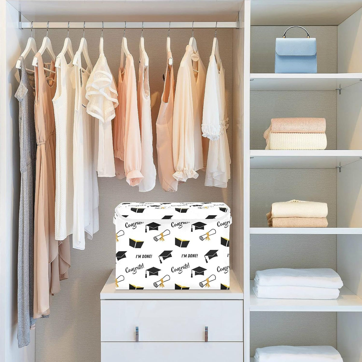 CaTaKu Graduation Black Golden Storage Bins with Lids Fabric Large Storage Container Cube Basket with Handle Decorative Storage Boxes for Organizing Clothes Shelves
