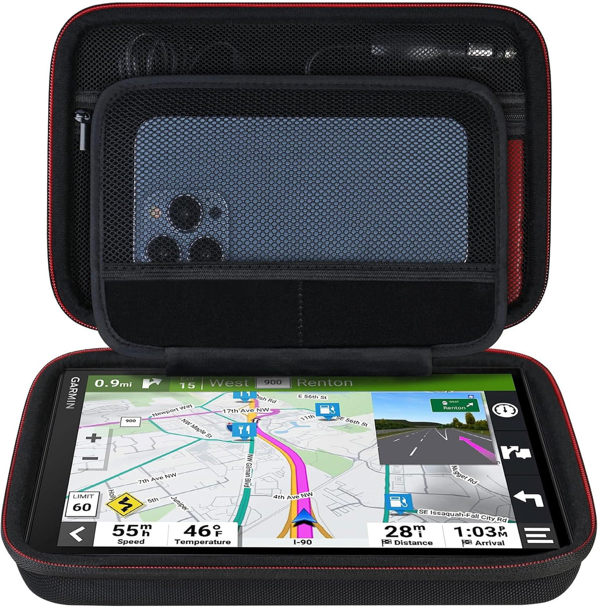 Elonbo GPS Carrying Case for 6-8 Inch Garmin DriveSmart 86 / dezl OTR800 / dezl OTR810 / RV 890 / RV 895 GPS Navigator System, Extra Mesh Pocket Fits Car Charger USB Cable, Black