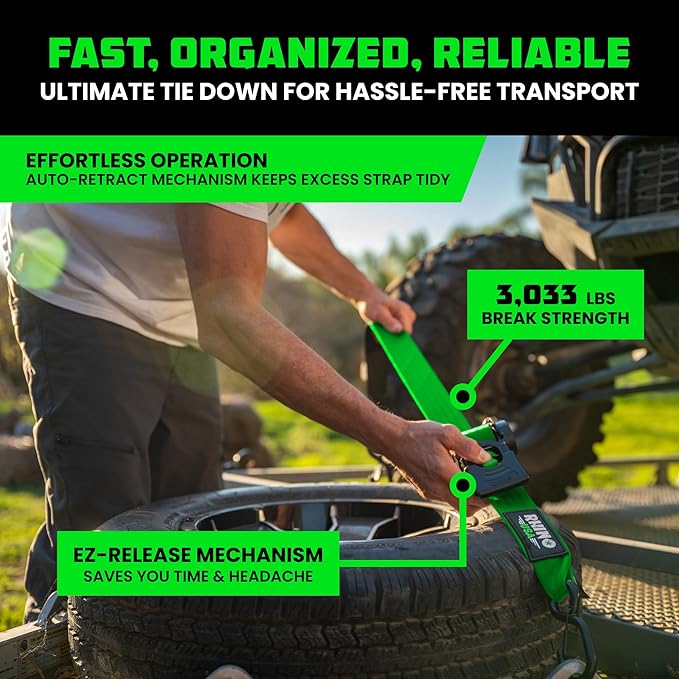 Rhino USA Retractable Ratchet Straps (2-Pack) - 2 Inch x 10 Feet (3,033lb Break Strength) - Heavy Duty Auto Self Retracting Tie Down Straps for Truck, Cargo Trailer, Motorcycle, Rad & More - Green