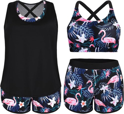 NIeyook Plus Size 3-Piece Tankini Swimsuit Set - Athletic Bathing Suit with Boy Shorts & Sports Bra