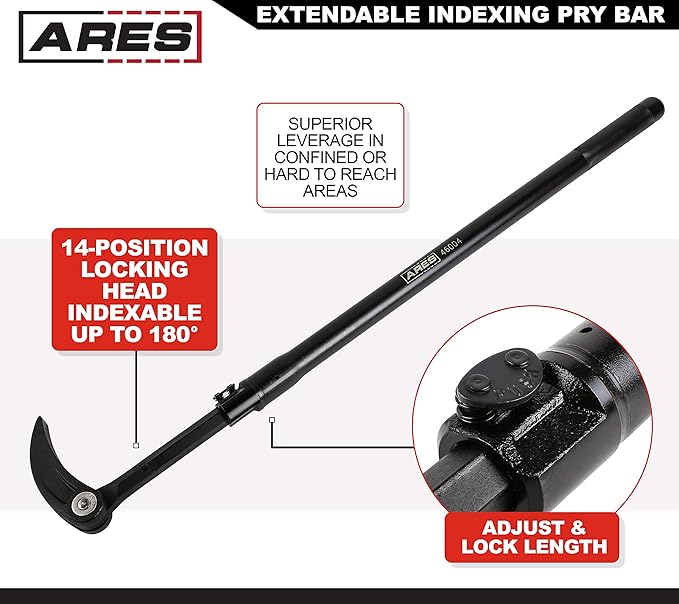 ARES 46004-29-Inch to 48-Inch Extendable Indexing Pry Bar - 14-Position Adjustable Angle Head - High Strength Chrome Vanadium Steel