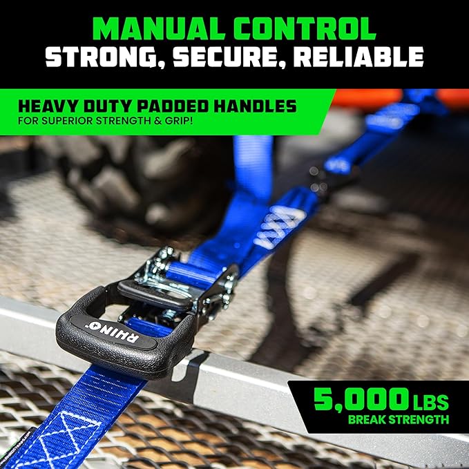 Rhino USA Ratchet Straps Heavy Duty Kit (2-Pack) - 1.6 Inch x 8 Feet Min Break Strength (5,000) - Ultimate Tie Down Straps with Safety S Hooks for Trucks, ATV, UTV, Motorcycle, Cargo & More - Blue