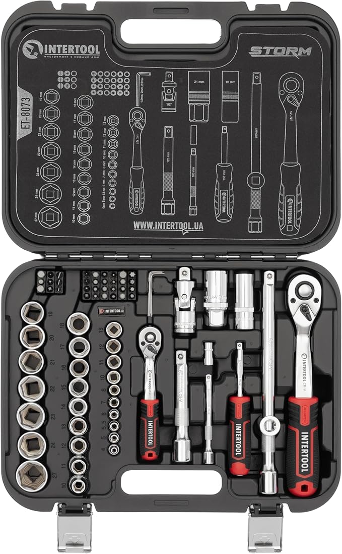 INTERTOOL Metric Socket Set 1/4” & 1/2” Drive 73-Piece 10-27 mm - for Auto Mechanics & DIY - Quick Release Ratchets, Bits, Adapters, Hard Case - Tool Gift - ET08-8073