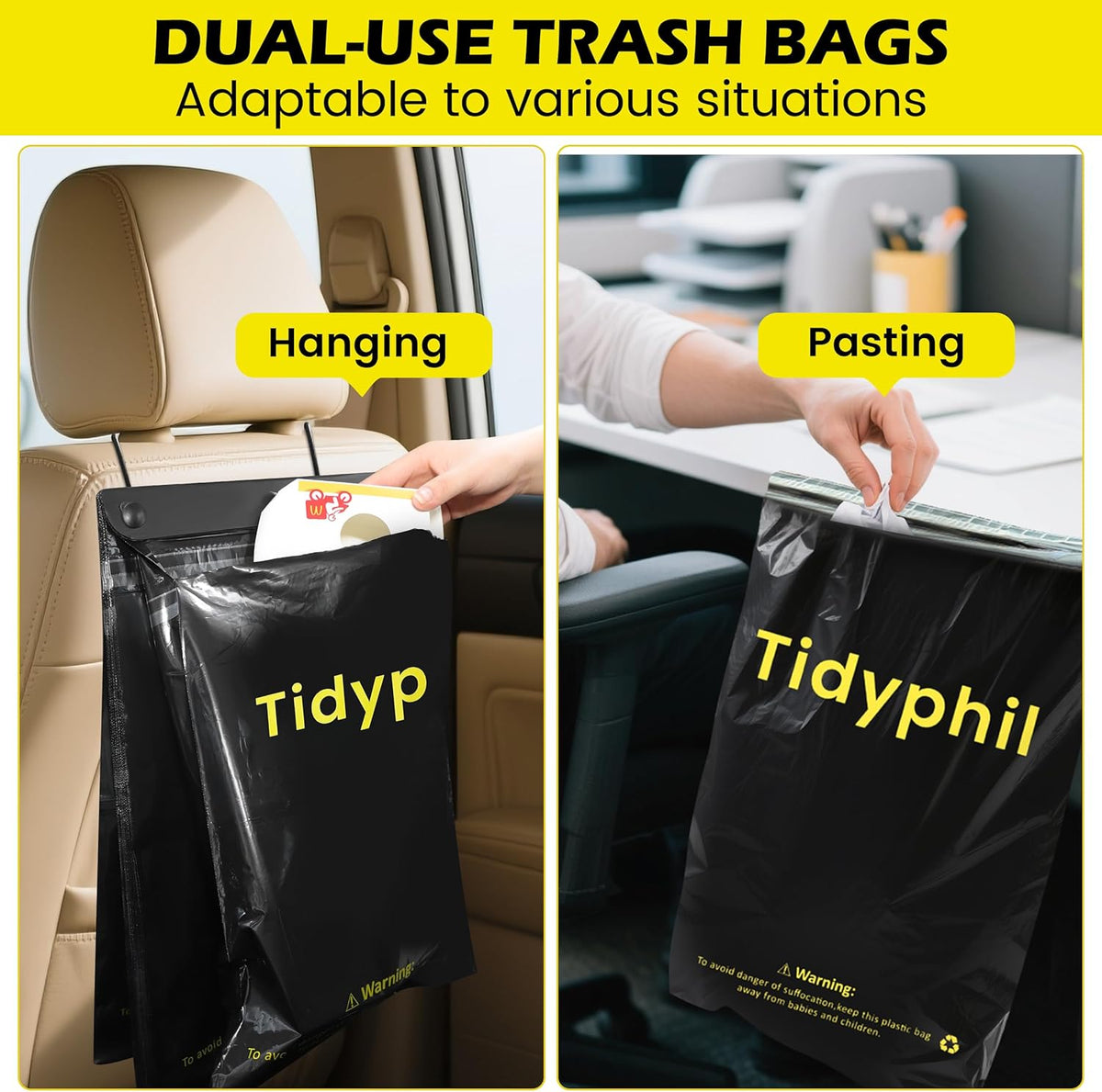 50 PCS Disposable Car Trash Bags Hanging, Leak-proof, Odor Seal. 2 Gallon Car Garbage Bags, Big Capacity. Independent of Car Trash Can, Easy Stick-On Car trash Bin for Car, SUV, Truck, Stroller. Black