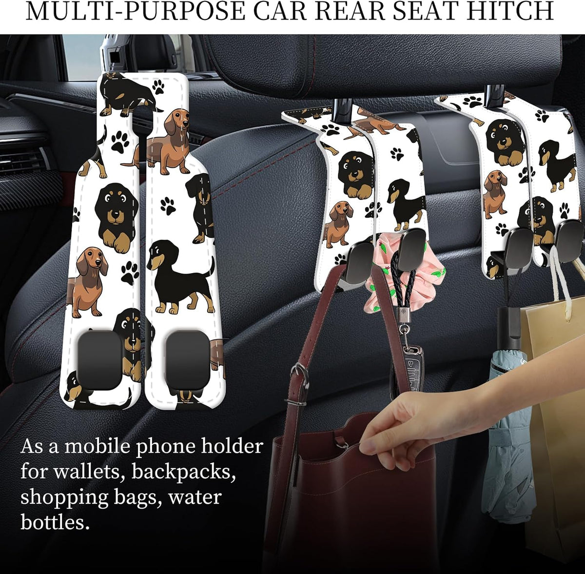 PU Leather Car Seat Hook, Storage Headrest Hanger, Cute Car Backseat Organizer, Car Hooks For Purses and Bags, Cute Dachshund