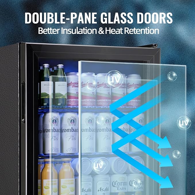 3.5 CU.FT Beverage Fridge Mini Refrigerator Soda Cooler Glass Door Featuring LED Light & Adjustable Shelves,7 Modes Ideal for Apartment, Office, Dorm