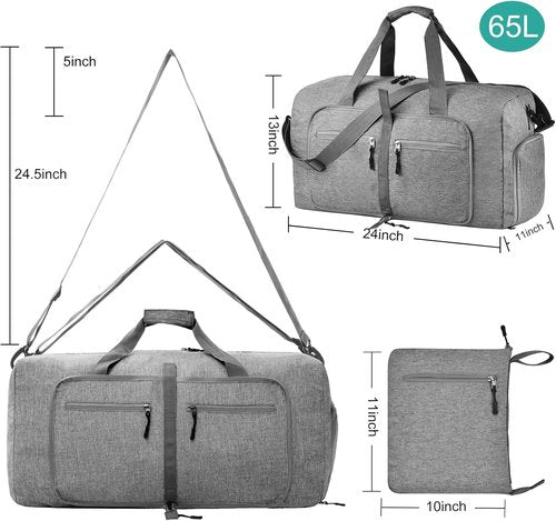 Dimayar 65L Travel Duffle Bag - Waterproof & Tear-Resistant Foldable Duffel with Shoe Compartment | Gray
