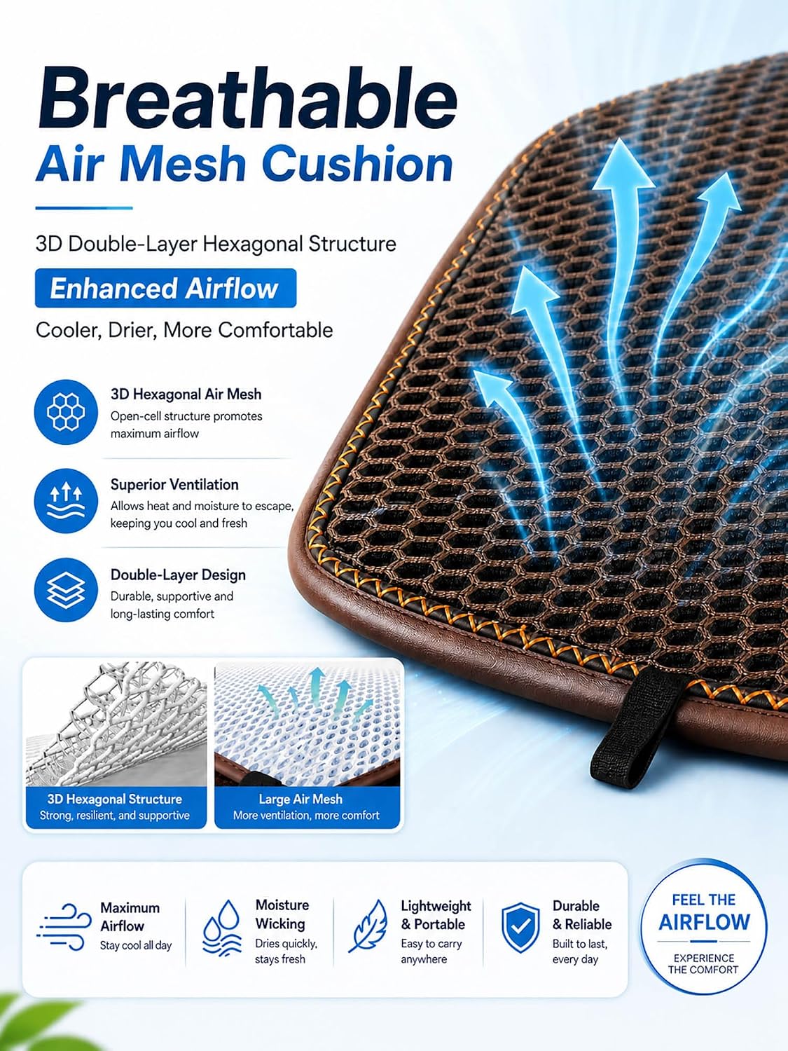 Summer 3D Air Big Mesh Car Seat Cushion Pad,Universal Fit Cooling Breathable and Vent Mesh Car Seat Cushions Cover for Truck SUV Pikup Sedan Accessories 1PCS (Brown)