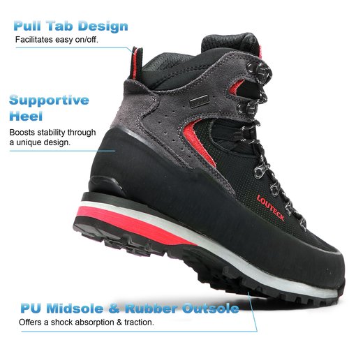 LOUTECK Men's Hiking Boots – Durable and Comfortable Men's Climbing Boots for Rugged Outdoor Adventures, Perfect for Hiking, and Climbing (Black Red, Adult, Men, 11, Numeric, US Footwear Size System, Wide)