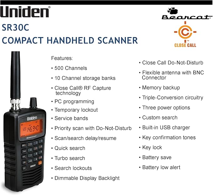 Uniden Bearcat SR30C, 500-Channel Compact Handheld Scanner, Close Call RF