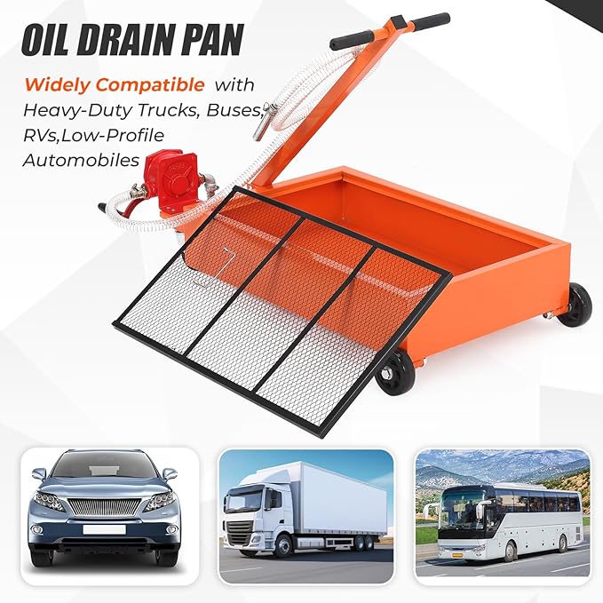20 Gallon Oil Drain Pan, Low Profile Oil Drain Pan with Manual Pump, Oil Change Pan with 8.2 Ft Hose & Folding Handle, Rolling Oil Drain Tank for Truck, RVs, Buses