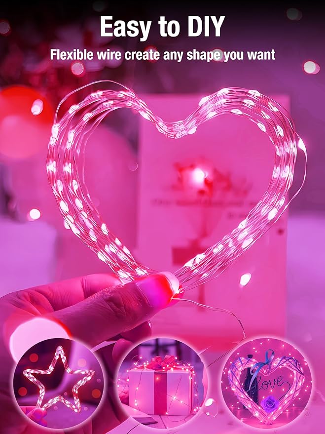 btfarm 4 Pack Valentine's Day Pink Fairy Lights Battery Operated with Timer, 16.4 FT 50 LED Silver Wire Twinkle String Lights 8 Modes Dimmable Waterproof for Indoor Bedroom Wedding Decorations, Pink